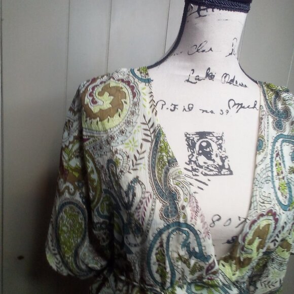 Paper Tee Blouse XL V-Neck Sheer Paisley Green Brown Blue - Picture 6 of 13
